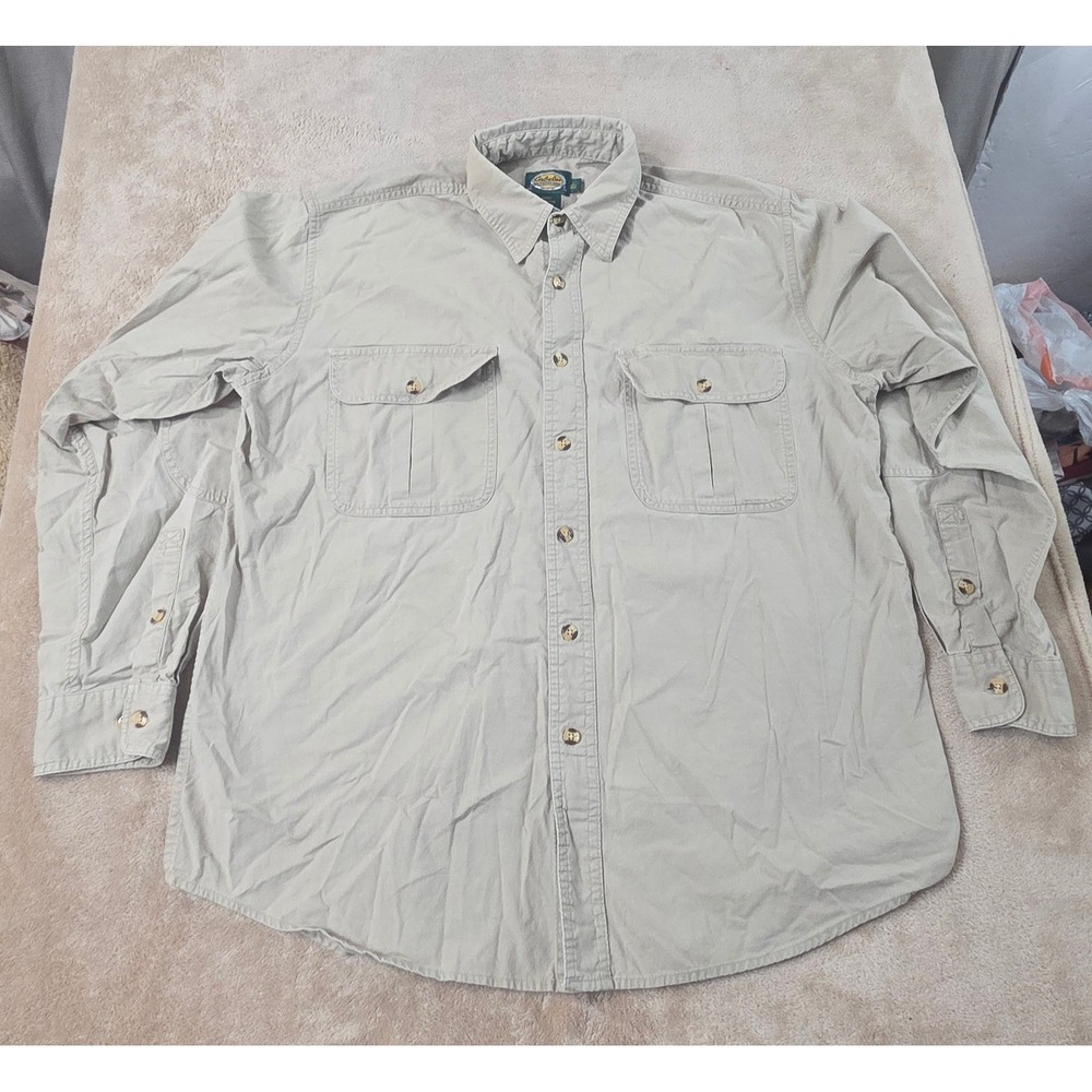 Cabela's Button Up Shirt Men Size Large Beige Elbow Patch‎ Long Sleeve EUC